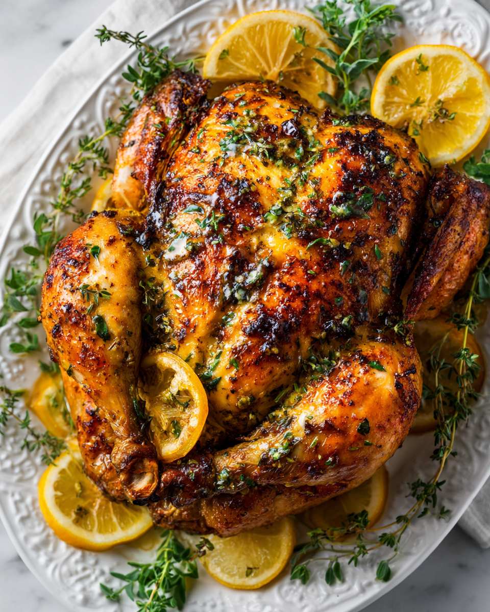 Lemon herb roasted whole chicken garnished with fresh herbs. Perfect for festive gatherings with juicy meat and crispy skin.