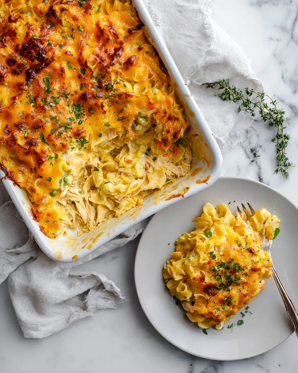 Hearty Chicken Noodle Casserole for Cozy Nights Chicken Noodle Casserole with shredded chicken, egg noodles, and creamy sauce, ideal for cozy meals and holiday feasts.