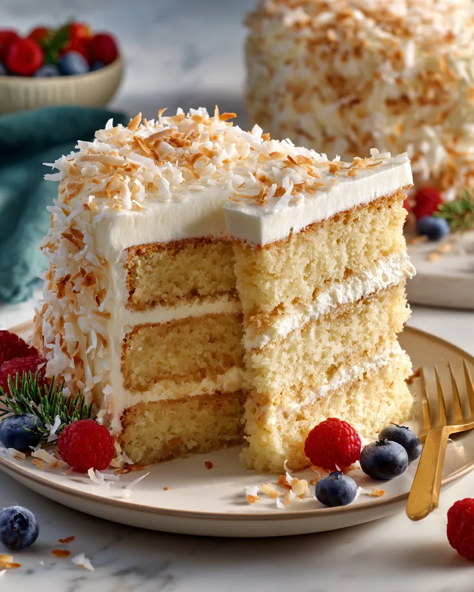 Delightful Homemade Coconut Cake Recipe Delicious homemade coconut cake served at a festive gathering, showcasing its moist texture and rich coconut flavor.
