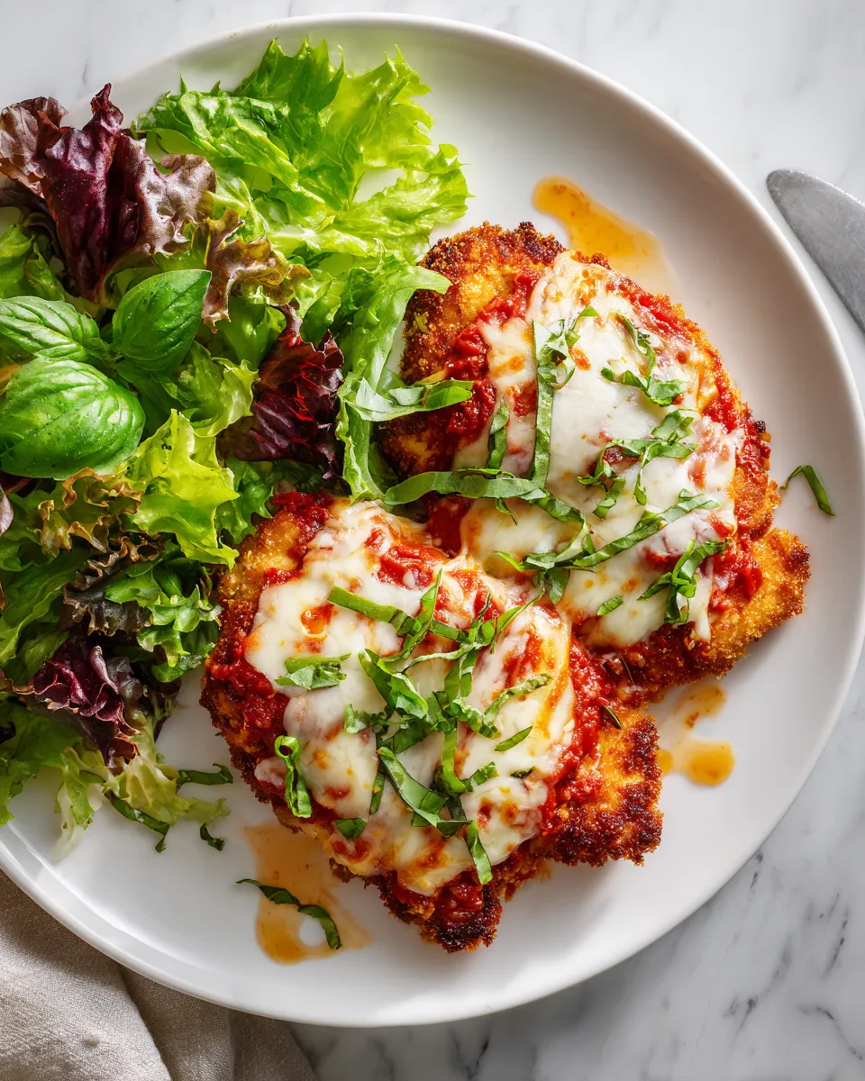 Delicious Chicken Parmigiana in 1 Hour A golden-brown Chicken Parmigiana topped with melted cheese and fresh basil, served with pasta, showcasing classic Italian comfort food.