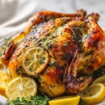 Lemon herb roasted whole chicken garnished with fresh herbs. Perfect for festive gatherings with juicy meat and crispy skin.