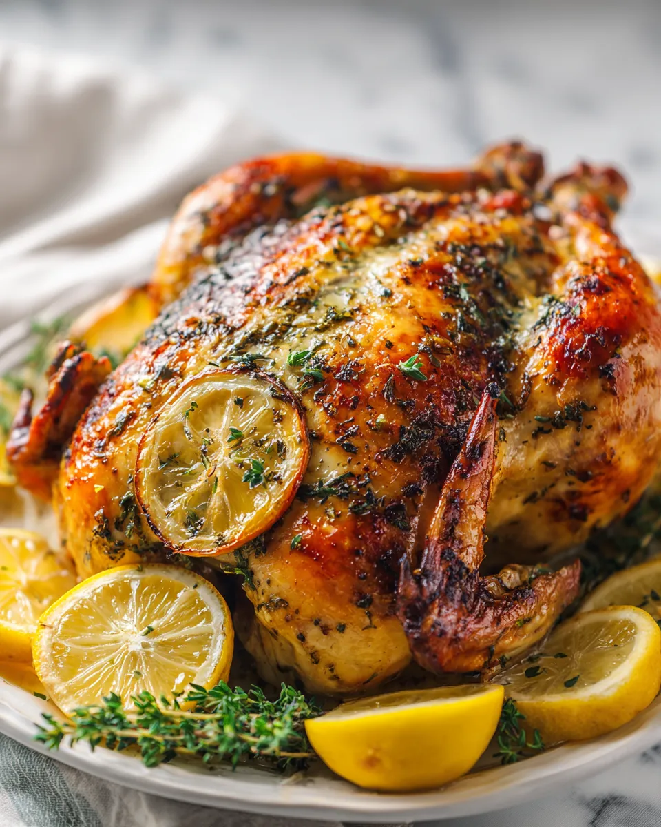 Lemon Herb Roasted Whole Chicken Recipe Lemon herb roasted whole chicken garnished with fresh herbs. Perfect for festive gatherings with juicy meat and crispy skin.